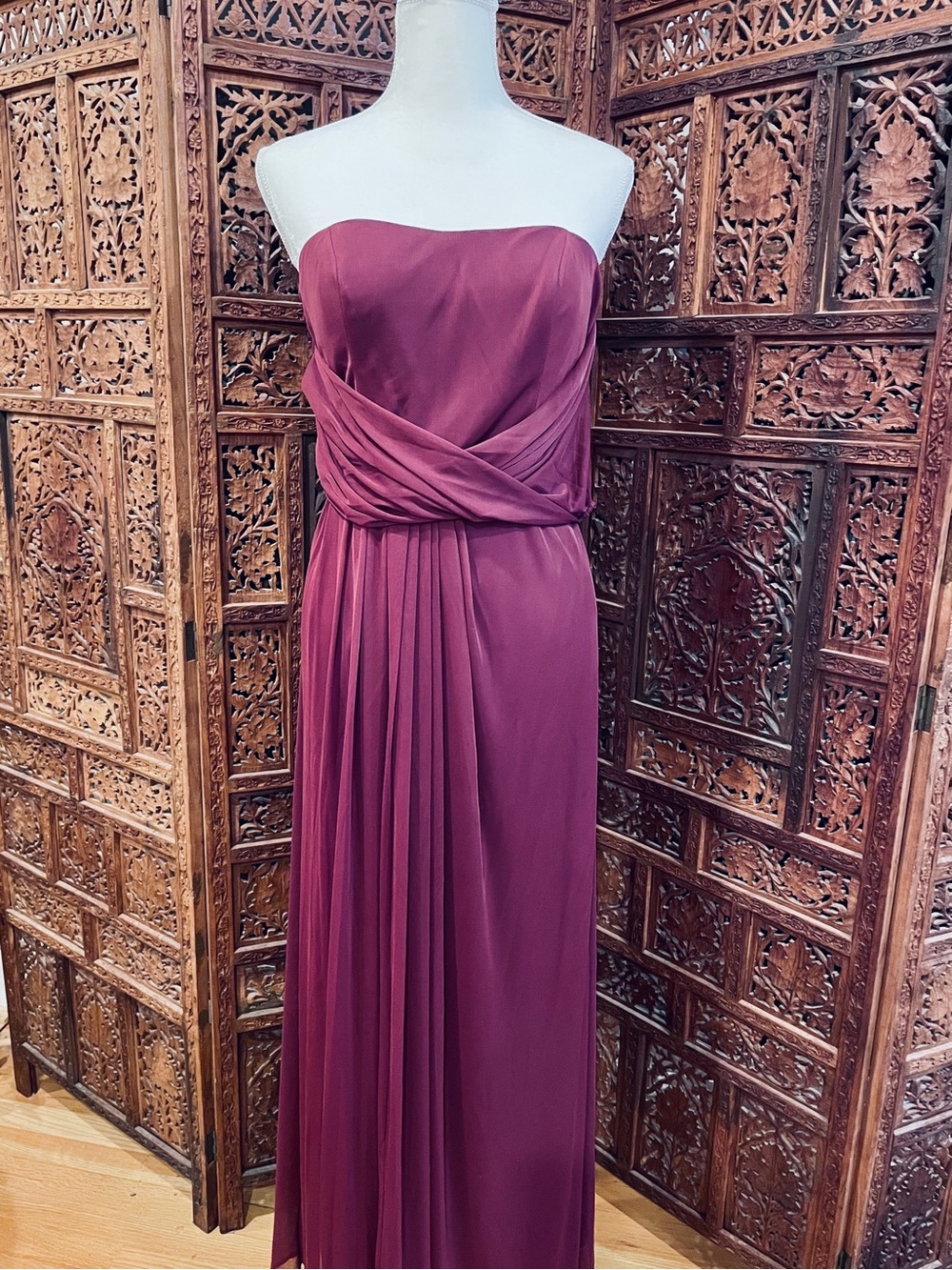 Strapless Ruched Matte Chiffon Evening Dress in burgundy
